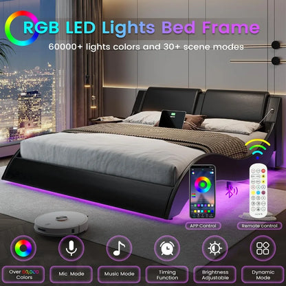 Modern Upholstered Queen Platform Bed Frame,Headboard with LED Lights & Charging Ports,Bedroom Furniture,Faux Leather, Custom