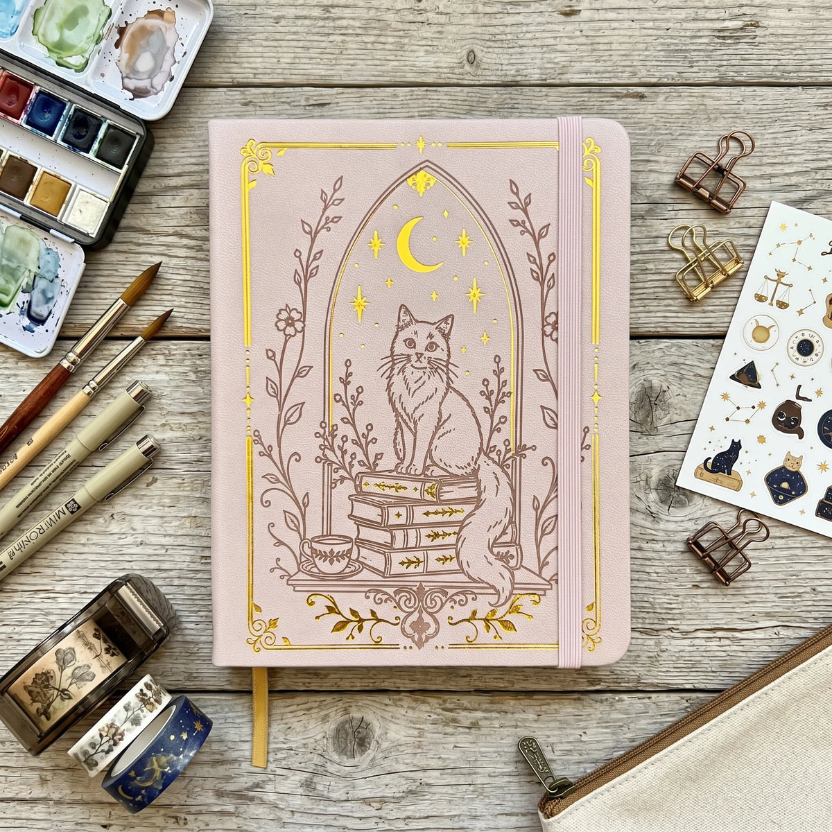 B6 Dot Grid Notebook, 160gsm Ivory Paper, 5mm Dotted Pages, Lay-Flat Hardcover with Gold Foil Cat Moon Design, Elastic Closure