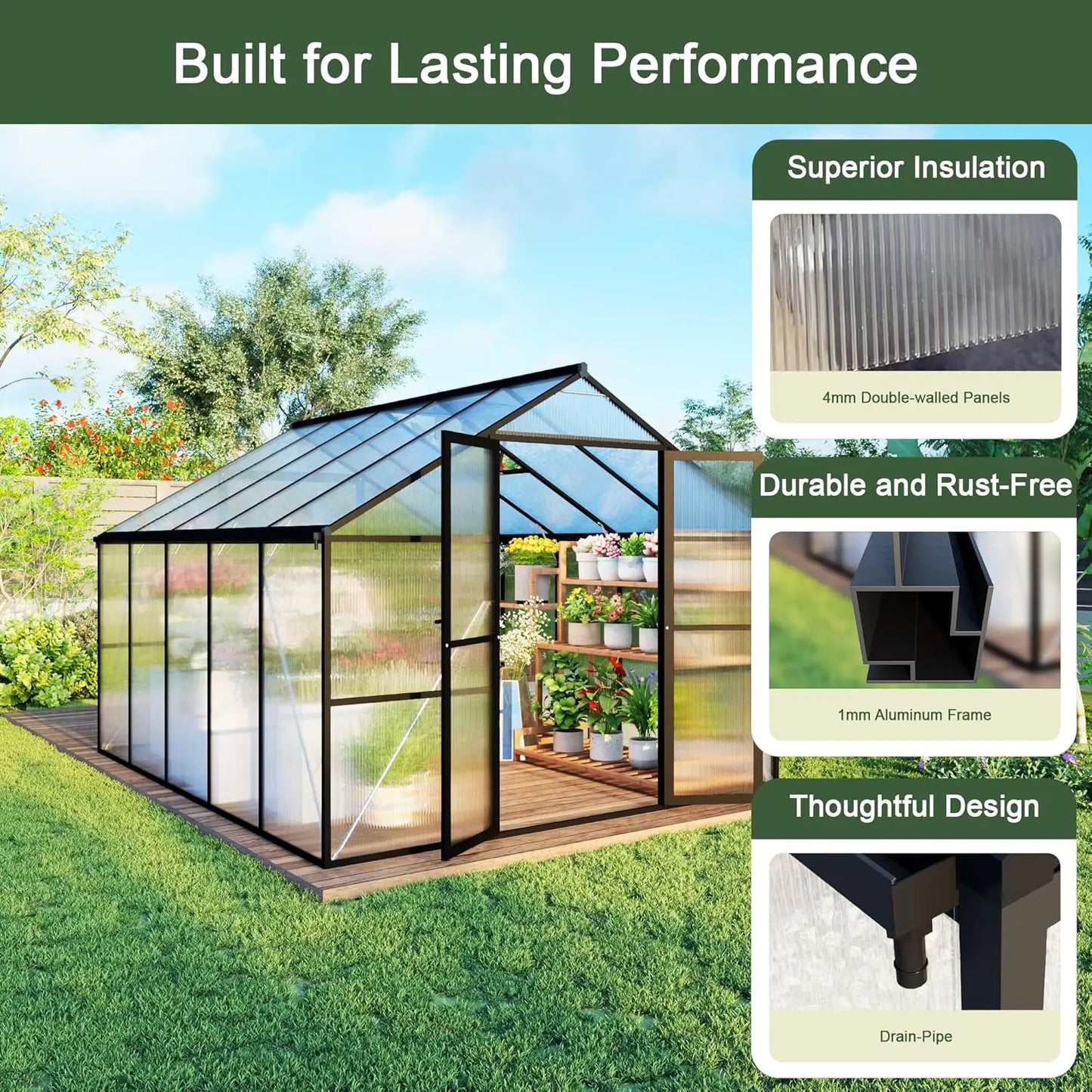 8X10 FT Greenhouses for Outdoors, Aluminum Large Polycarbonate Greenhouse, Quick Setup Walk in Green House with, Customized