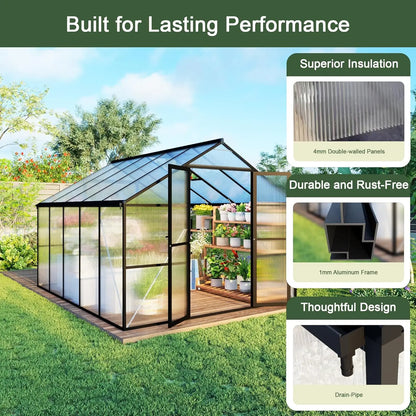 8X10 FT Greenhouses for Outdoors, Aluminum Large Polycarbonate Greenhouse, Quick Setup Walk in Green House with, Customized