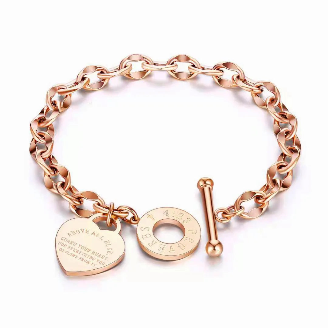 1pc Stainless Steel Bracelet With Heart Pendant, Double Heart OT Buckle Couple Bracelet Unisex