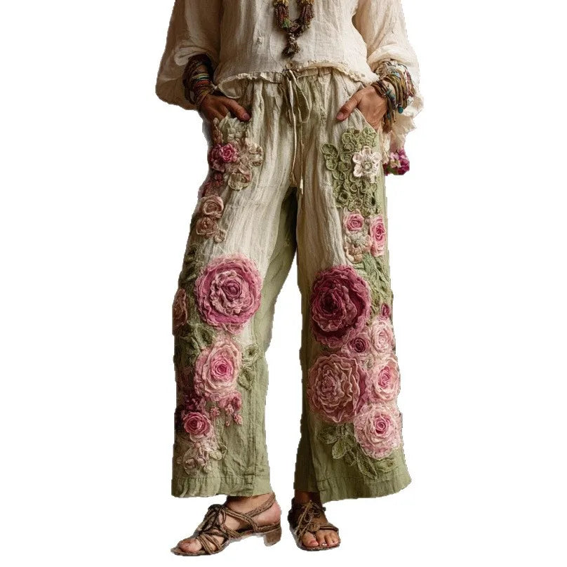 European and American Women's New Style Pants, Featuring Floral Print Pattern Elegant Temperament and Straight-cut Design Suitab