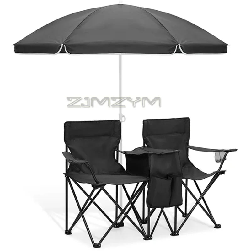 Foldable Double Sunshade Chair Wear Resistant Beach Camping Chair Fishing Casual Chair With Umbrella Cup Holder Refrigerated Bag