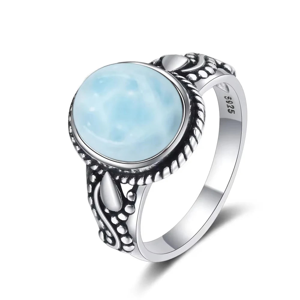 Original Certified 925 Silver Rings Larimar Natural Blue Stone 8*10MM oval shape twist Rings Fine Jewelry Gifts for Women Men