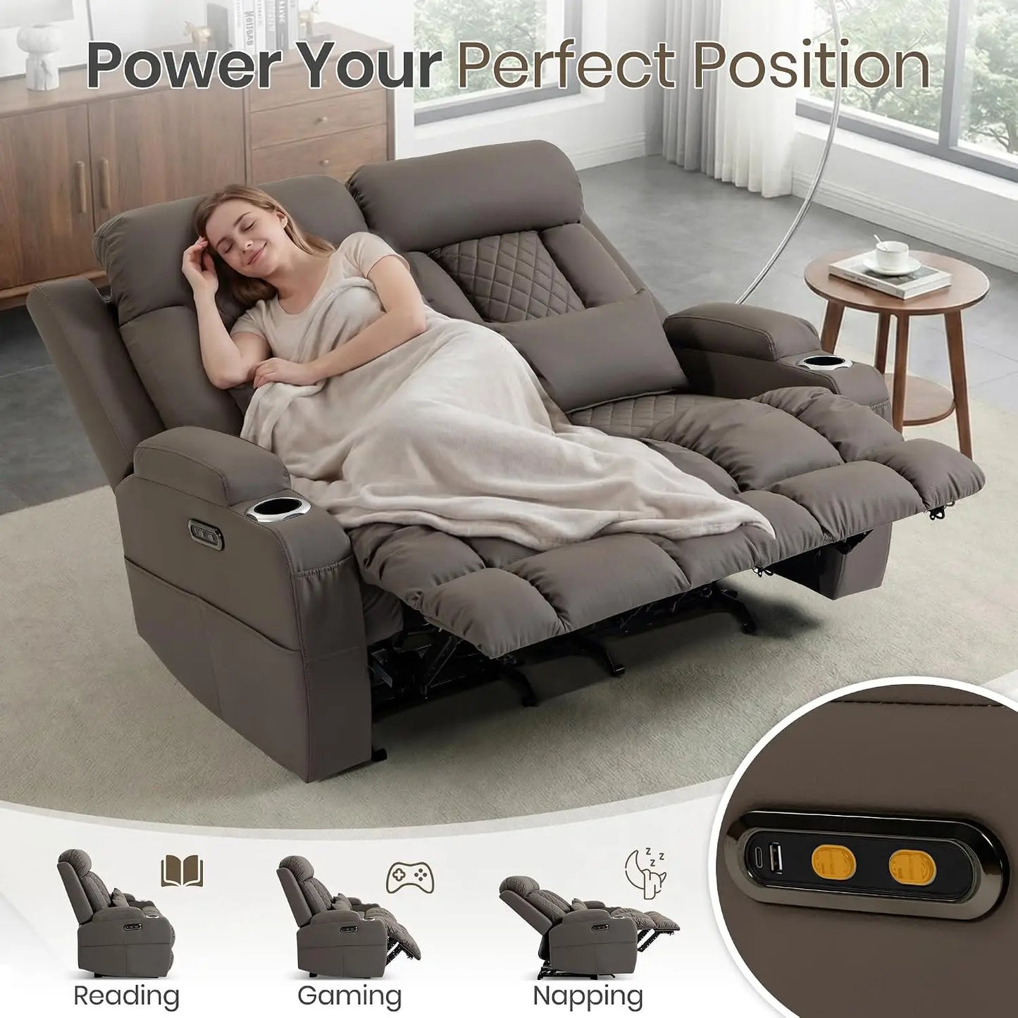 Electric RV Loveseat Recliner Sofa, Cat-Friendly Power Reclining Sofa Couch with Adjustable Headrest, Wall Hugger, Custom