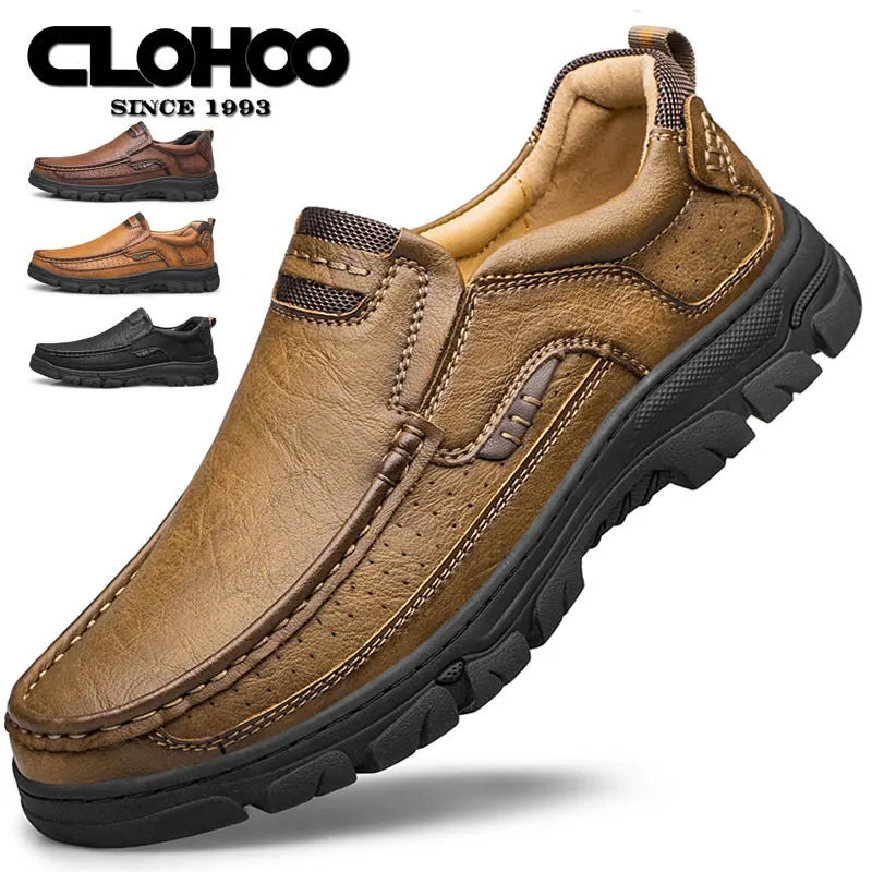 CLOHOOMen's Casual Loafers Handmade Breathable Leather Shoes with Thick Rubber Sole Comfortable Footwear Classic Hand Sewn Seams