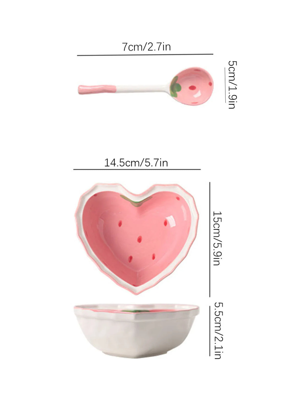 3pcs Strawberry Bowl Spoon Plate Set Beautiful Girl Heart Bowl Salad Bowl Dessert Household Tableware