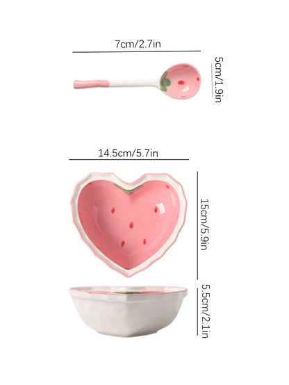 3pcs Strawberry Bowl Spoon Plate Set Beautiful Girl Heart Bowl Salad Bowl Dessert Household Tableware