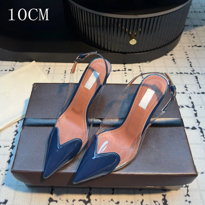 Women's Heart Clear Heeled Sandals Pointed Toe Transparent Slingback Heels Buckle Strap Patent Leather Party Prom Dress Shoes