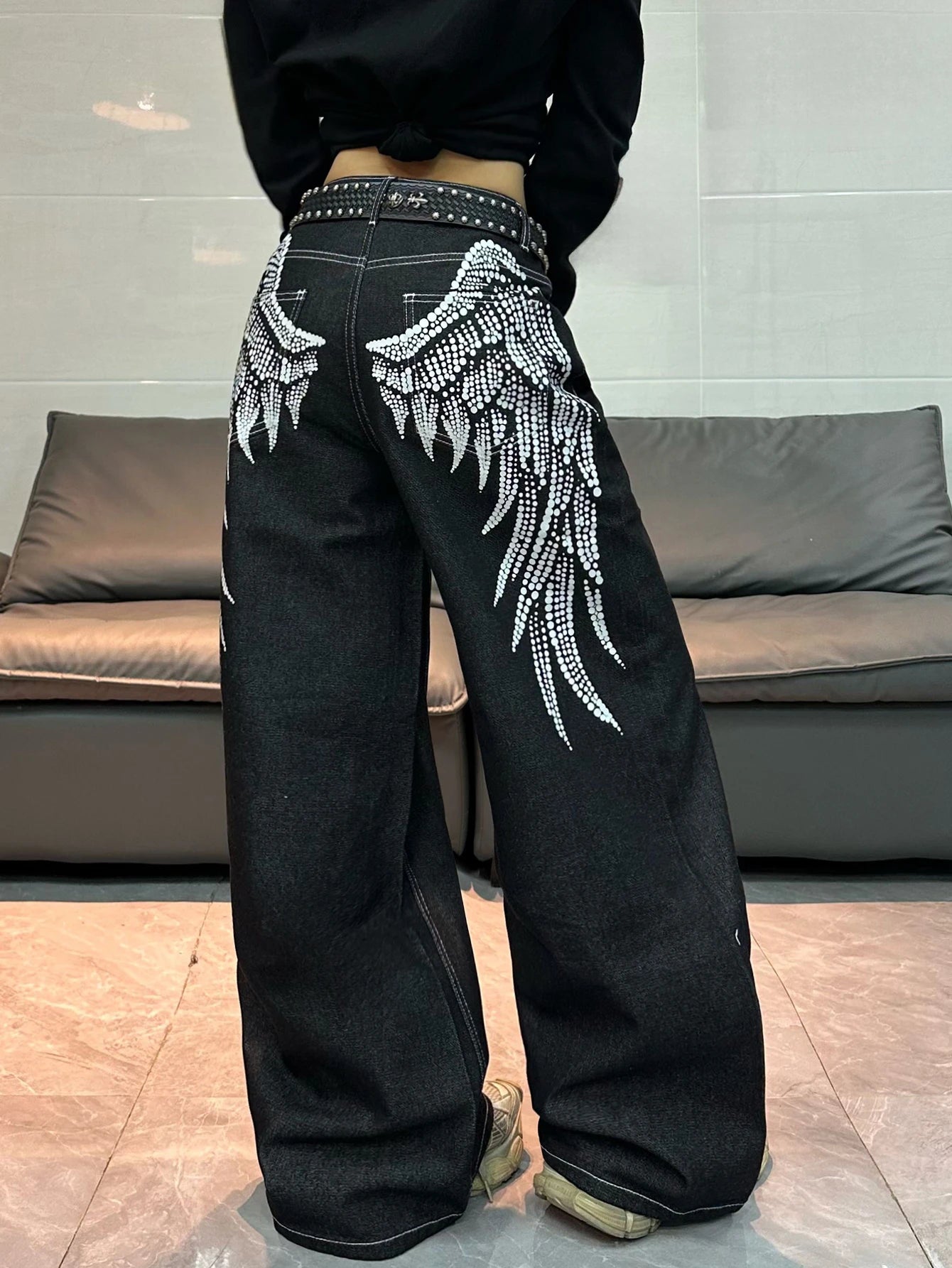 American Retro Angel Wings Print Black Women's Loose Wide-Leg Jeans Y2K Street Hip-Hop Trend Versatile Straight Trousers