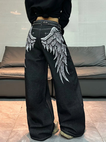 American Retro Angel Wings Print Black Women's Loose Wide-Leg Jeans Y2K Street Hip-Hop Trend Versatile Straight Trousers