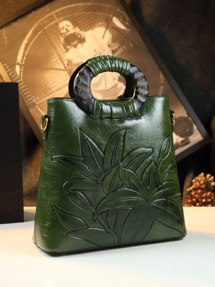 2024 New Women's Retro Oil Wax Leather Large Capacity Single Shoulder Bag Handbag Middle-Aged Ladies Bag Fashion Versatile