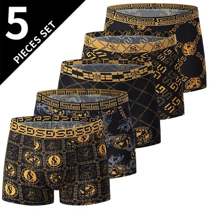 5-piece Set Of Men's Black Classic Elastic Waisted Underwear Quick Drying Comfortable Sporty Youth Trend Flat Corner Pants