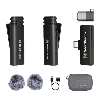 NearStream AWM10T Plus 1-to-2 Wireless Lavalier Microphone, AI DSP Noise Canceling, 33Ft Stable Transmission, 6H Long Battery, Auto Pair Plug & Play Mic for Classroom Vlog Live Stream iPhone Android PC
