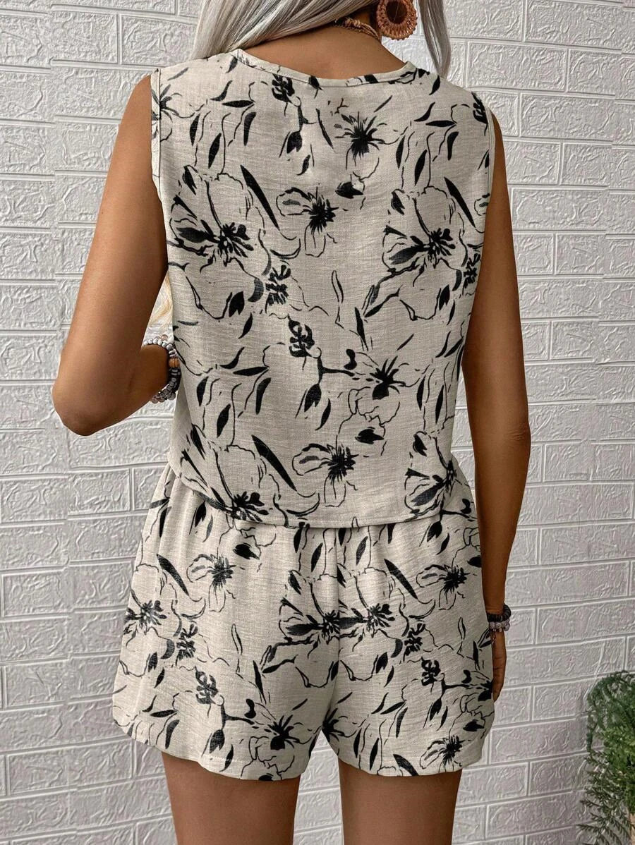 Women's Spring/Summer Fashion Two-Piece Set - Elegant Floral Print Sleeveless T-Shirt + Printed Shorts Set