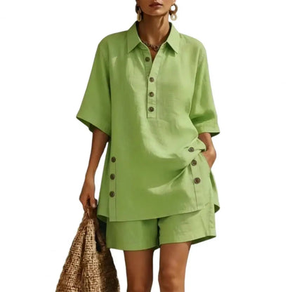 Cotton Linen Set for Women Button Short Sleeve Shirt And Wide Leg Shorts 2 Piece Outfit Summer Casual Beach Lounge Sets
