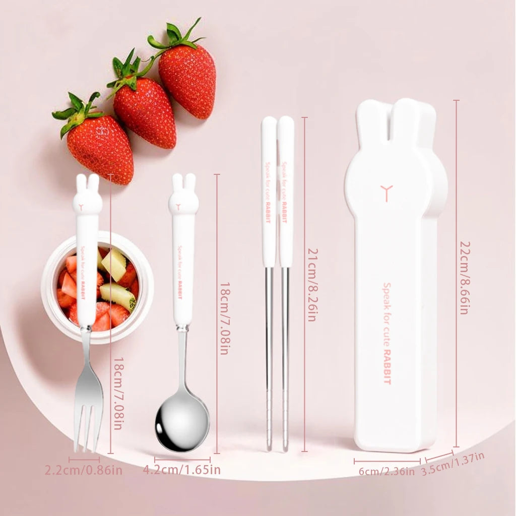 WORTHBUY 3/4PCS Cute Portable Dinnerware Set Reusable 304 Stainless Steel Fork Spoon Chopsticks With Box Cutlery For Kid Student