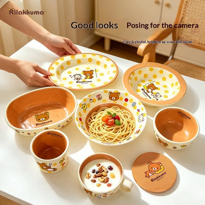 Mtutu 2026 New Rilakkuma Ceramic Tableware Set Cute Printed Plate Soup Bowl Fruit Plate Mug Cup Set Home Supplies Holiday Gifts