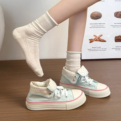 New High Help Canvas Shoes Dots Women's Casual Shoes Woman Vulcanize Sneakers Comfortable Sport Walking Platform Flats Shoes 015