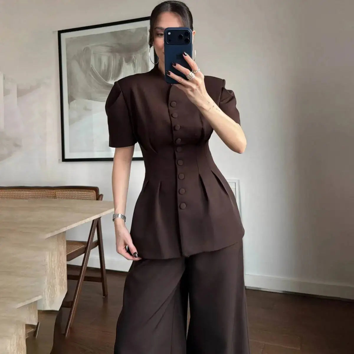 2026 New Women Two Piece Pant Suit Stand Collar Short Sleeve Peplum Top High Waist Wide Leg Trousers Elegant Outfit Set