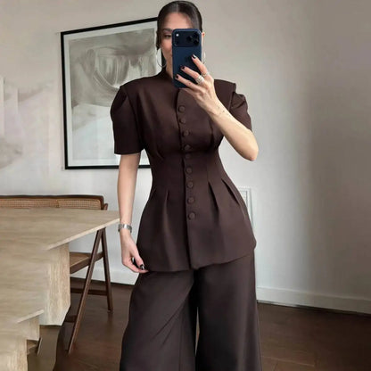 2026 New Women Two Piece Pant Suit Stand Collar Short Sleeve Peplum Top High Waist Wide Leg Trousers Elegant Outfit Set