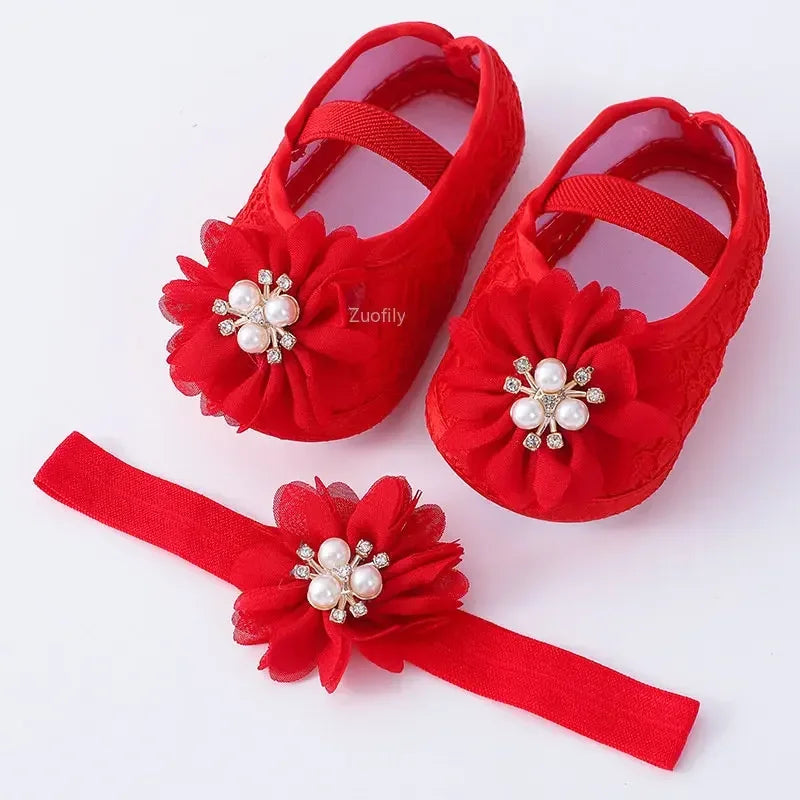 Spring Infant Baby Girl Shoes Newborn Lace Flowers Headband Anti-Slip Soft Sole First Walkers Toddler Kids Cotton Baptism Shoes