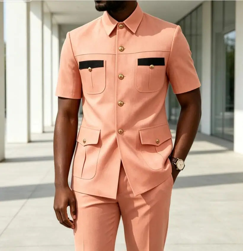Luxury Men Suit Short Sleeves Safari Suit 2 Pieces Black Contrast Pockets Gold Button Business Wedding Party Casual Blazer Pants
