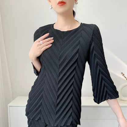 2026 Spring New Women Handmade Pleated Pants Set Comfortable Casual Seven Sleeve T-Shirt Top Loose Wide Leg Pants 2 Piece Set