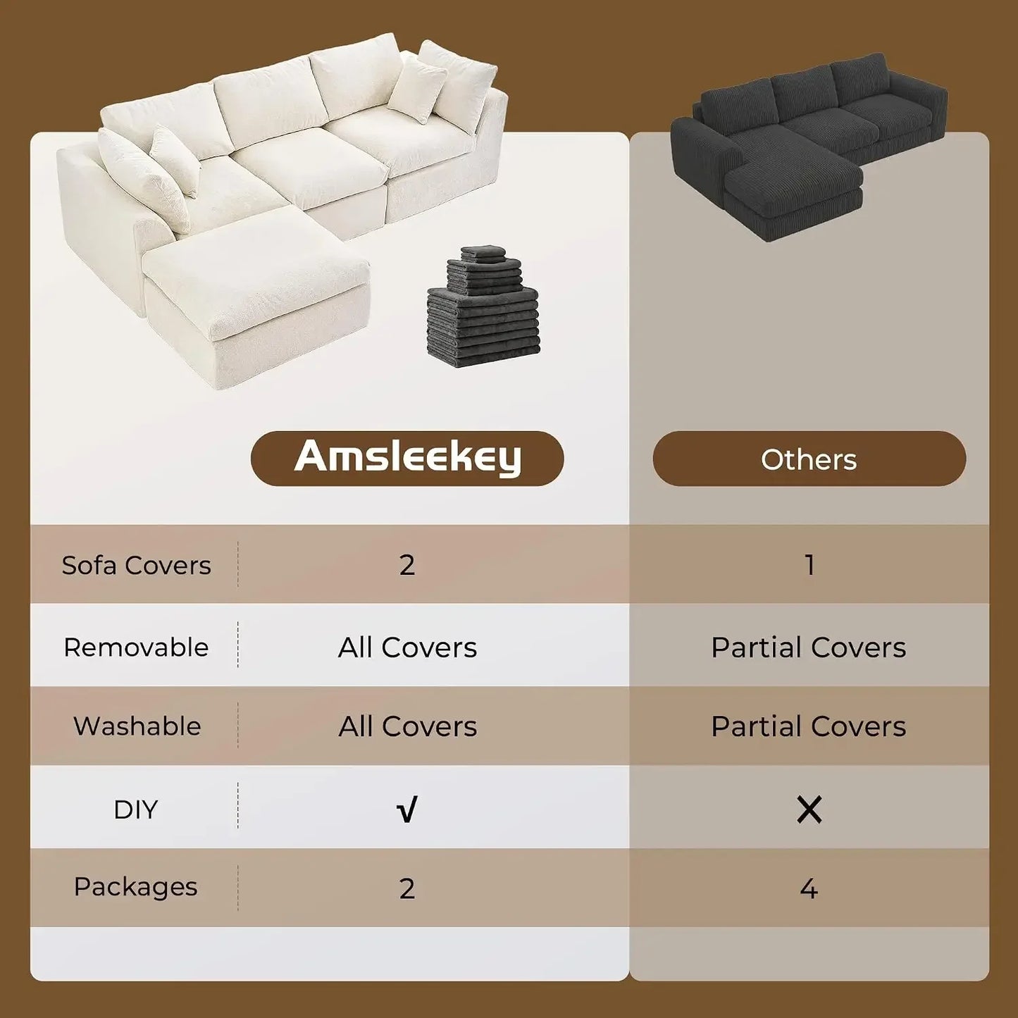 108" Cloud Sectional Couch with 2 Washable Cover Sets | L-Shaped Modular Sofa with Ottoman, Deep Seat Couch for living room