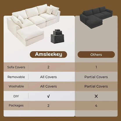 108" Cloud Sectional Couch with 2 Washable Cover Sets | L-Shaped Modular Sofa with Ottoman, Deep Seat Couch for living room