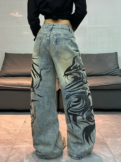 American-Style Vintage Washed Distressed Totem Print Loose Jeans, Street Fashion Trendy Versatile High-Waist Wide-Leg Pants For Women
