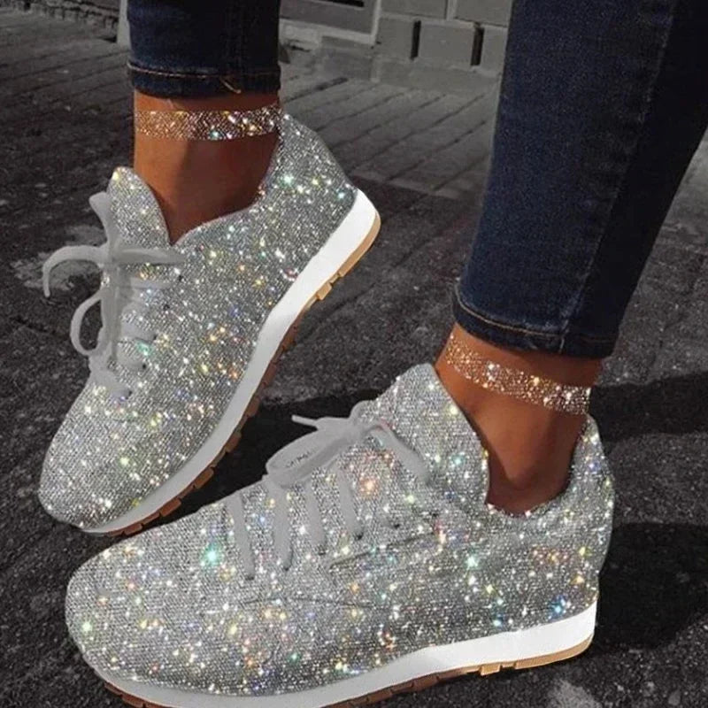 2025 New Women Flat Sneakers Casual Bling Vulcanized Shoes Women Mesh Lace Up Platform Plus Size Fashion Outdoor Woman Shoes