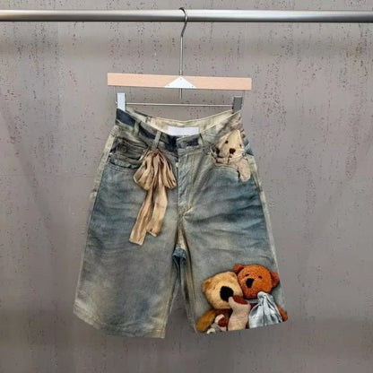 KUCLUT 2026 Summer Fashion Print Contrast Color Mesh Stretch T-shirts For Women Street Style Wide-Leg Denim Short Pants 1A3003