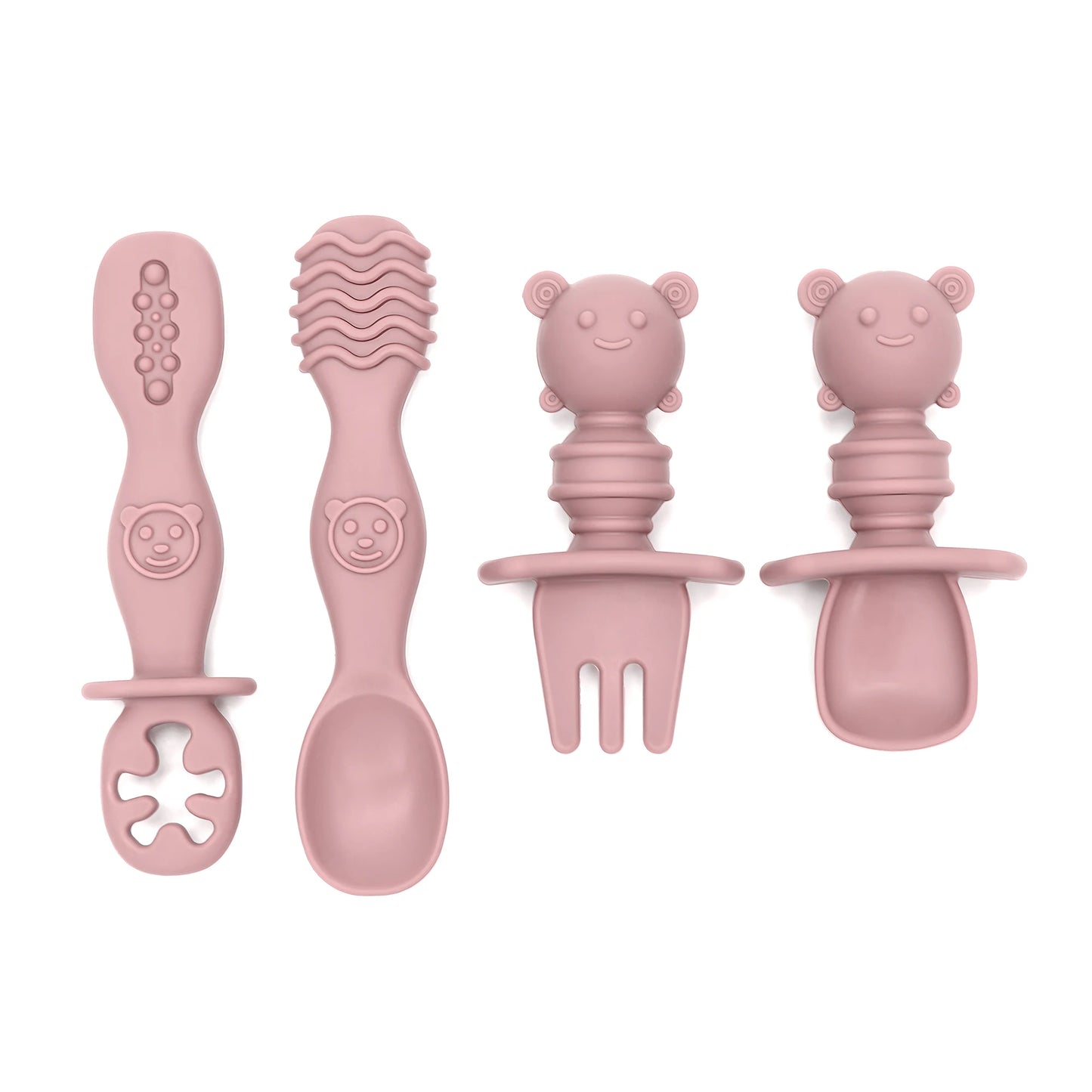 4pcs Silicone Spoon & Fork Set Long & Short Handles for Different Feeding Needs Baby Self-feeding Training Baby Birthday Gift