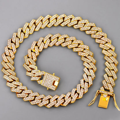 14mm Iced Out  Prong Cuban Link Chain Necklace for Men Women 2 Row Rhinestone Paved Miami Rhombus Hip Hop Jewelry Wholesale