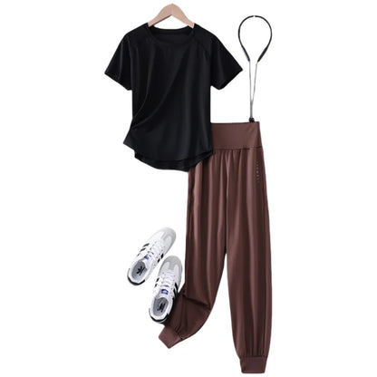 DRUR S-4XL Yoga Set Women Sport Shirts Gym Pants Set 2 Piece Short Fitness Tops Sweatpants Suit Female Summer Sportswear Outfit