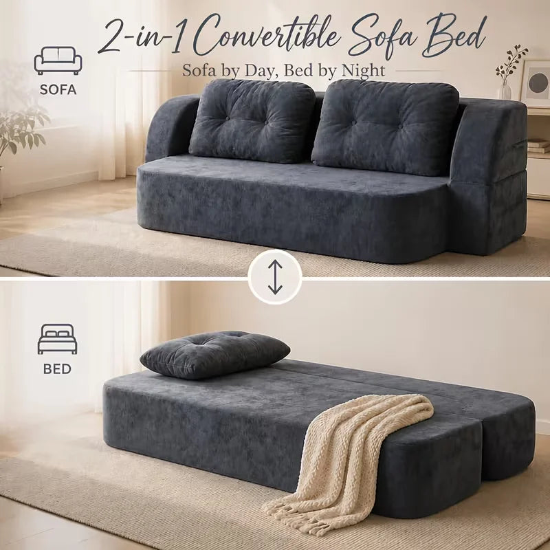 Vacuum Compressed Sofa Bed Convertible 2 in 1 Folding Couch with Soft Cushions Space Saving Floor Sofa for Living Room Bedroom Apartment Guest Room Lounge Modern Upholstered Sleeper Sofa in Blue or Green Easy Setup Comfortabl