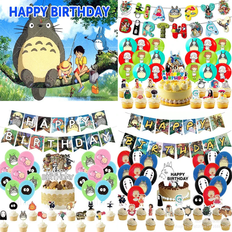 Hayaoed Miyazaki Latex Balloons Game Totoroed Cat Party Decoration Supplies Happy Birthday Banner Cake Topper Sticker Background