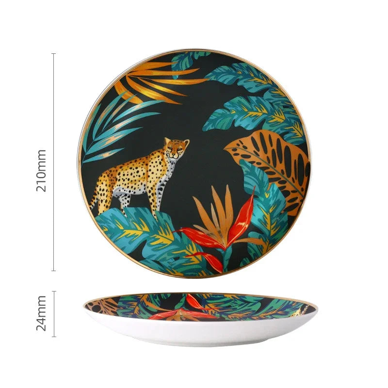 Dinnerware Set Colorful Forest Animal Design Plate Steak Tray Flat Ceramic Tableware 10inch Dish Christmas Gift Gold