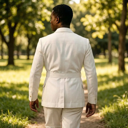 Mens Off White Linen Safari Suits 2 Piece Notched Lapel Prom Suit with Belt Gold Buttons Multi Pockets Beach Summer Wedding