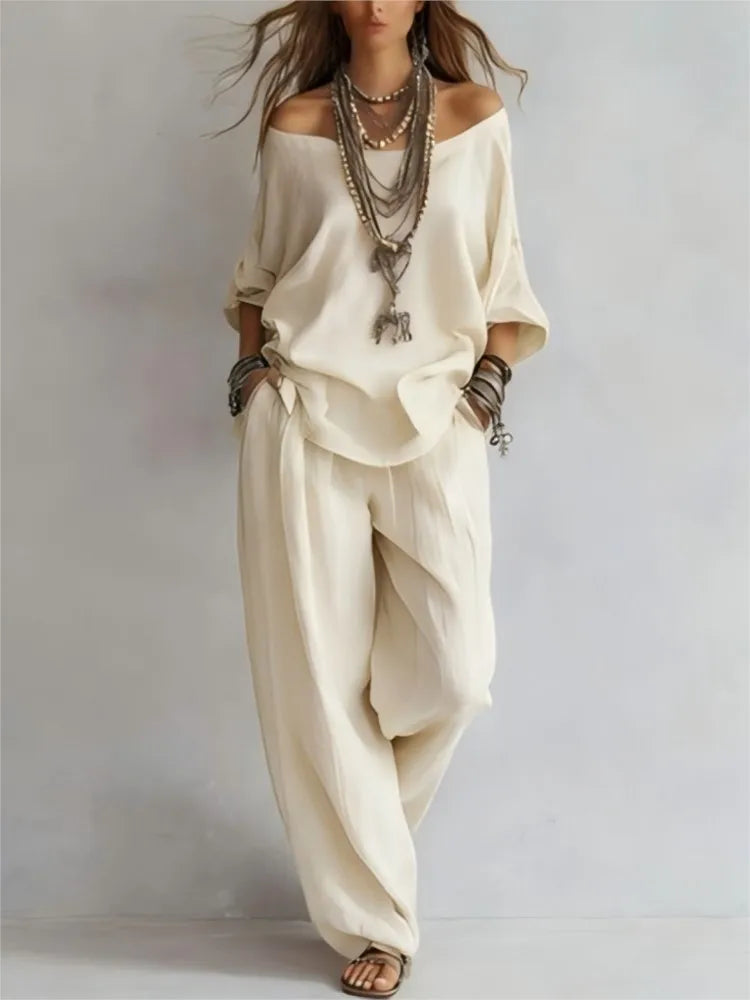 2026Fashion V Neck 7 Button Sleeve Women Top Set 2 Pieces Spring Summer Elegant Loose Fitting Wide Leg Pockets Pants Female Suit