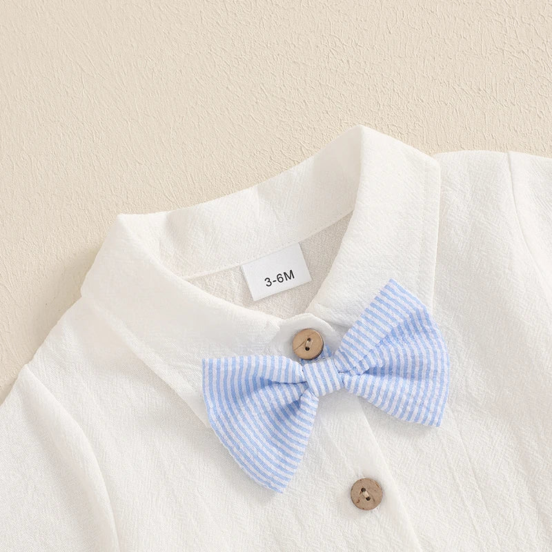 Infant Baby Boy Summer Gentleman Outfit Short Sleeve Lapel Neck Shirt Romper + Stripe Suspender Shorts + Bowtie for Newborn