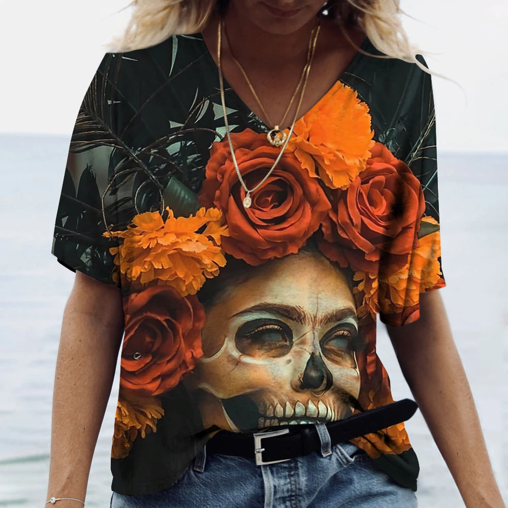Skulls T-shirt Women's Shirt Fashion Short Sleeve New Casual Top Tee Ladies Girl Clothing V Neck T Shirt For Women