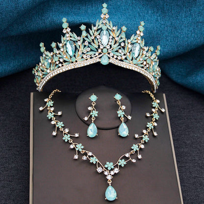 Baroque Wedding Crown for Bride 3-pack Tiara Earrings Necklace Bridal Jewelry Set Champagne Crystal Costume Party Birthday Gift