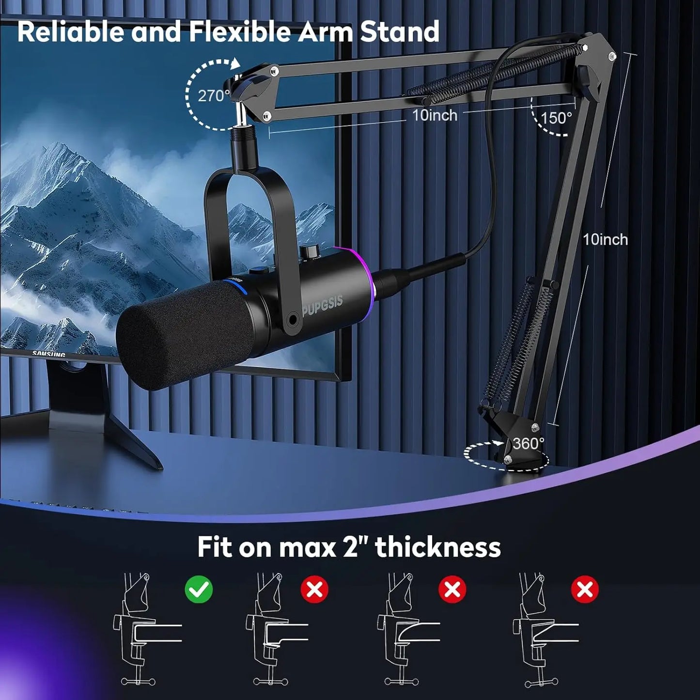 Pupgsis Dynamic Podcast Microphone for Studio, Cardioid XLR/USB Mic, AI Noise Cancellation, Mute Button, 3.5mm Headphone Jack for Monitoring, Volume Control, Microfono with Boom Arm