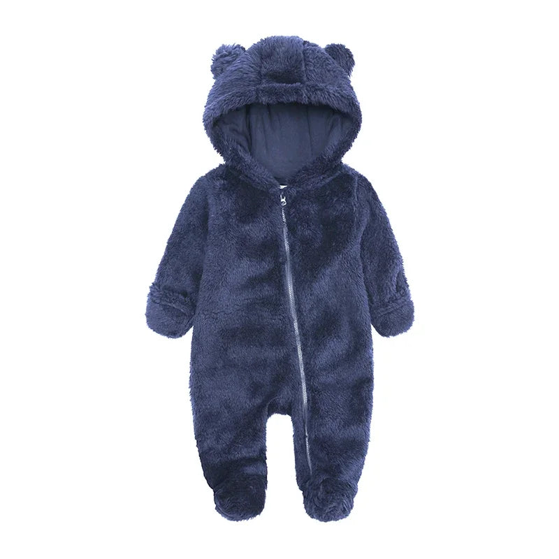0-24M Baby Rompers Infant Clothes Winter Newborn Baby Boy Girl Zipper Bodysuit Bear Fleece Hooded Pyjamas