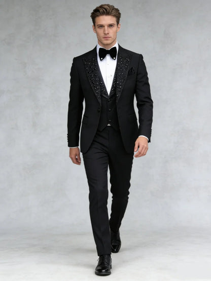 Men's Black Beaded Suit Set 3 Pieces Business Outfit Luxurious Man Formal Tuxedo Wedding Groom Sets Plus Size Slim Fit Suits