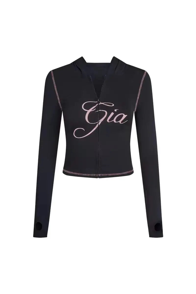 GIA Front Shoulder Slim Fit Jacket Pants Set with Letter Print Design Hooded Zipper Snake Pattern Short Fit Streetwear