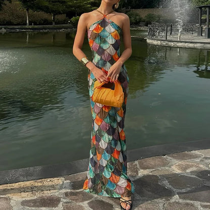 Sexy Bodycon Backless Halter Dress Elegant Colorful Block Full Length Evening Dress Fashion 2025 Slim Off Shoulder Party Dress