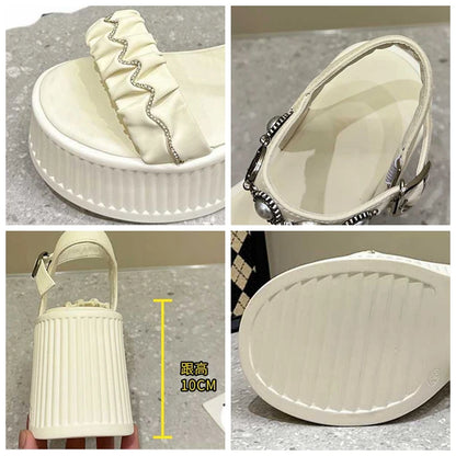 Fujin 10cm PU Synthetic Microfiber Leather Peep Toe Shoes Bling Rhinestone Platform Wedge Fashion Slippers Women Sandals Pumps